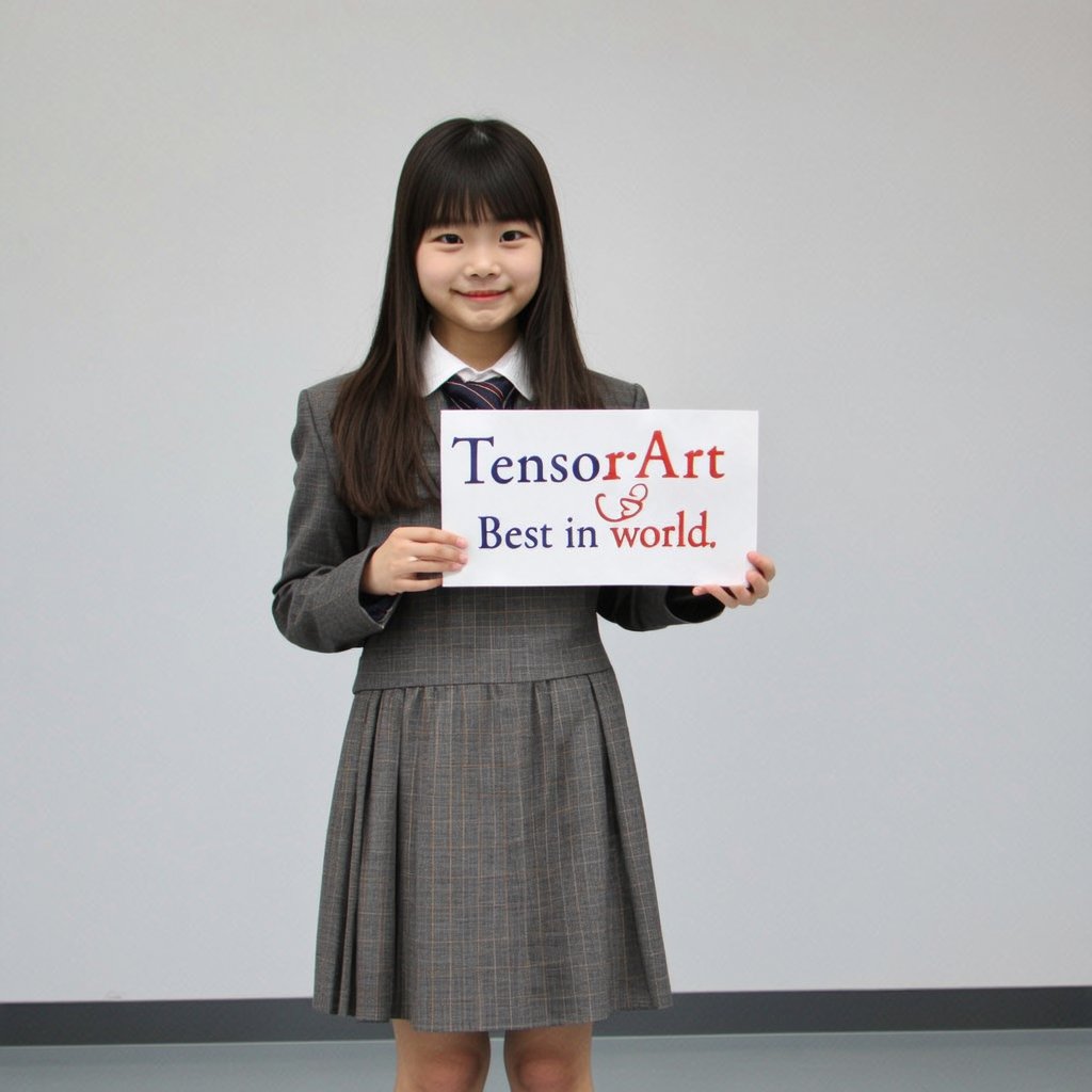 A girl in school dress, holding sign "TensorArt is Best in world", muted colors
