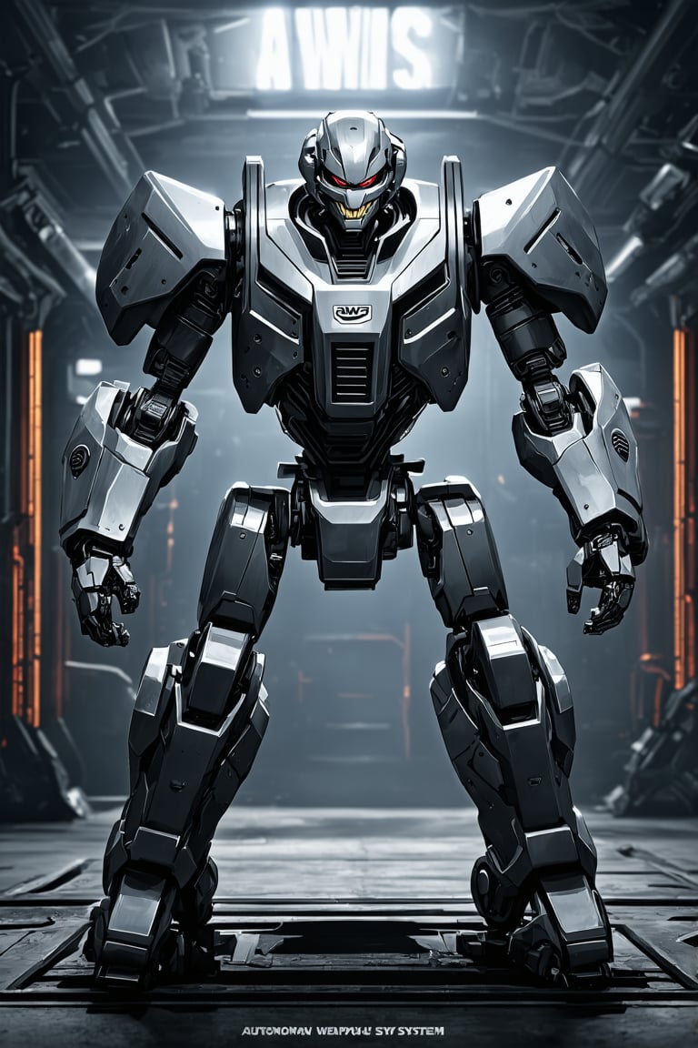 In a dimly lit industrial backdrop of interlocking gears and metallic latticework, a formidable killer robot rises, its armored hull glistening with an otherworldly sheen. A menacing grin twists its mechanical face as it proudly displays a shiny badge emblazoned with Powered by AWS. The title Autonomous Weapon System looms large in bold, futuristic font, casting a sense of foreboding over the scene.