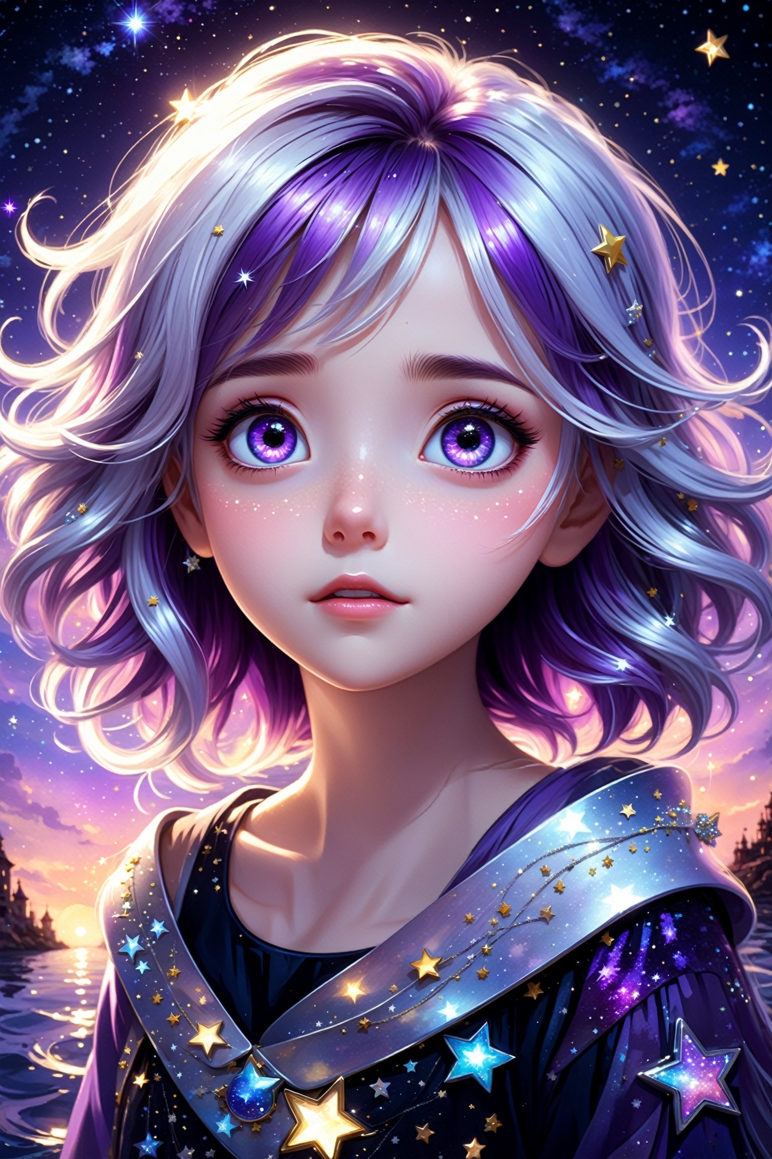 masterpiece, best quality, illustration, stars in the eyes,dishevelled hair,Starry sky adorns hair,1 girl,sparkling big eyes,beautiful detailed eyes, beautiful detailed stars,blighting stars,emerging dark purple across with white hair,multicolored hair,beautiful detailed eyes,beautiful detailed sky, beautiful detailed water, cinematic lighting, dramatic angle,disney pixar style