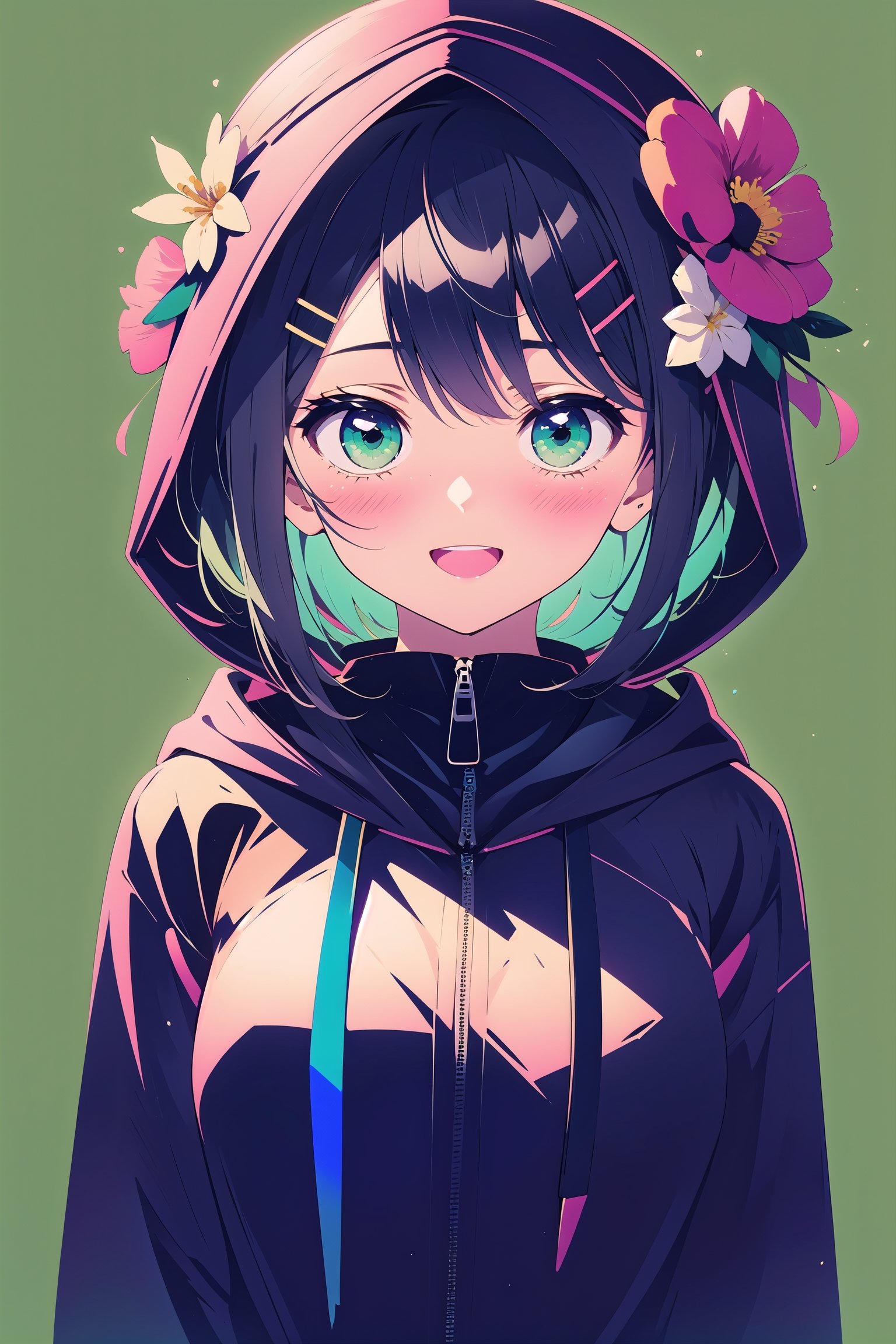 1girl, solo, hair ornament, green eyes, black hair, smile, flower, hood, hair flower, short hair, hairclip, open mouth, looking at viewer, blush, upper body, bangs, hood up, zipper, long sleeves, green background, :d