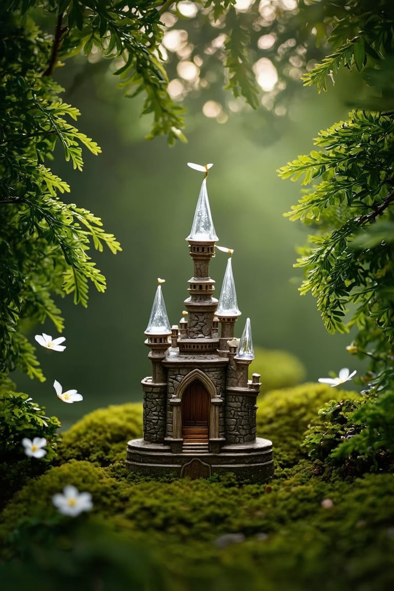 A surreal tableau unfolds: Translucent Organelle, Parouflaged Prime NeuralNano stands amidst a miniature castle's emerald foliage, as delicate petals dance in soft, golden light. The scene is bathed in moody, cinematic glory on 35mm Kodak film, with sharp focus and high-budget grandeur.