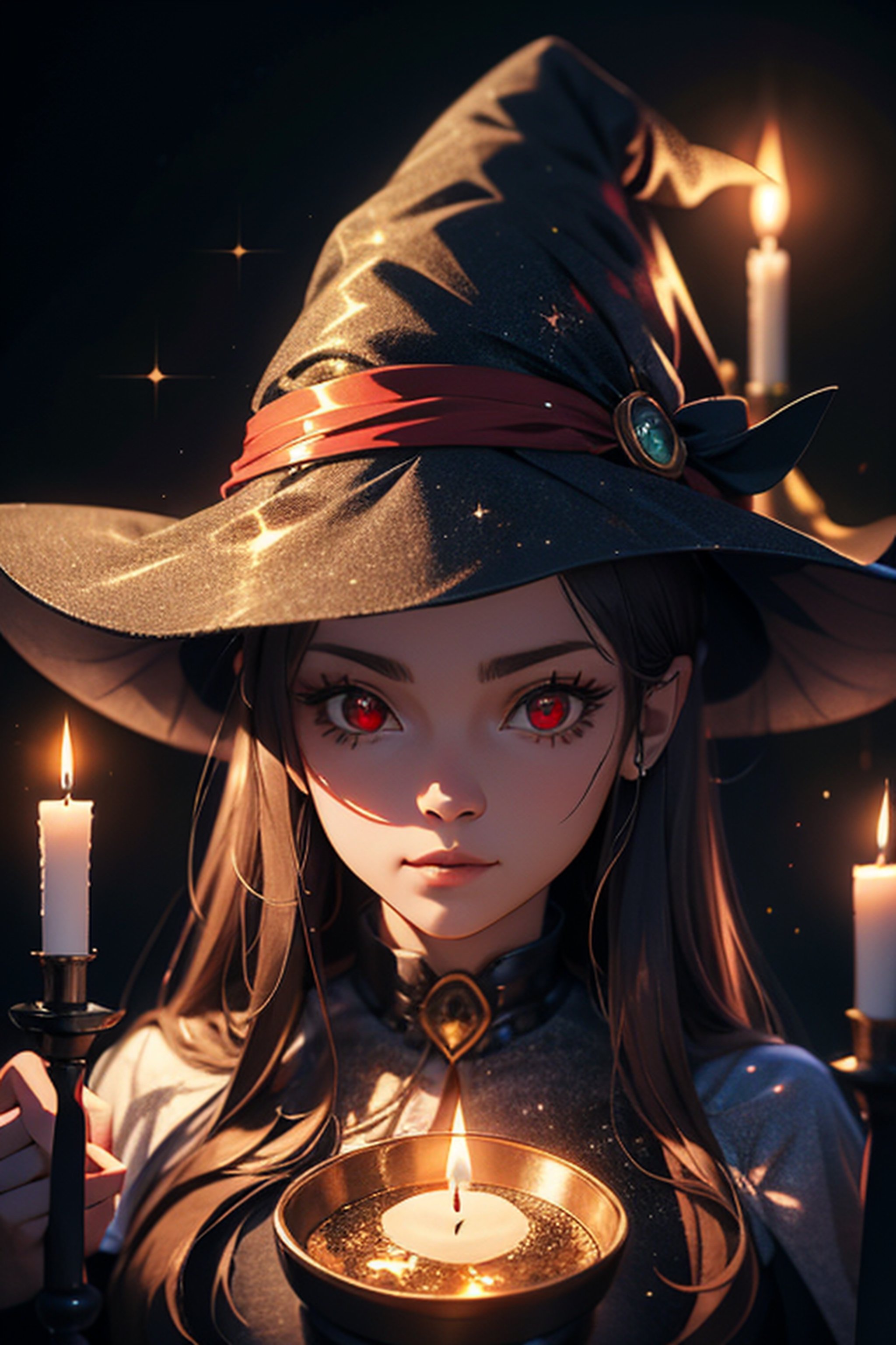 (8K,  high_resolution, realistic), woman wearing a witch hat , candlelight, perfect face,,glitter, red eye, magic, 