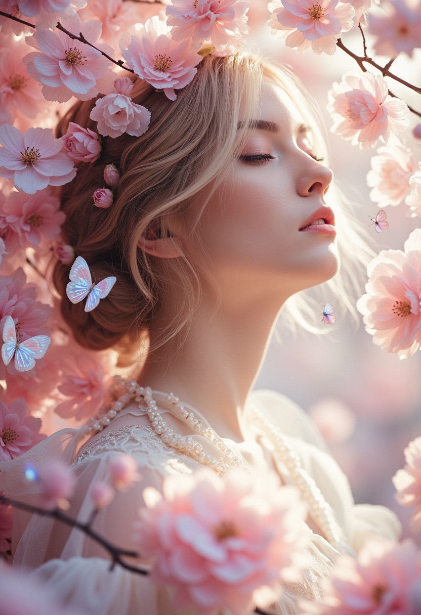 A young woman with alabaster skin and delicate features, adorned with a diaphanous white garment, stands amidst a  profusion of cherry blossoms. The effulgent blooms, rendered in a pastel palette of blush and rose, encircle her form, creating an ethereal tableau.  Her eyes are closed, her expression serene as if lost in a reverie.  The camera, positioned slightly below eye level, captures a medium shot, emphasizing the interplay of light and shadow upon her features and the surrounding blossoms. A soft, diffused light bathes the scene, imbuing it with an otherworldly luminescence. The background dissolves into a soft-focus haze of pink and white, enhancing the dreamlike quality. To heighten the surreality, incorporate iridescent butterflies fluttering amongst the blossoms and delicate strands of pearls woven into the woman's hair.  Cimmerian tenebrism, sfumato chiaroscuro, highly specular highlights, deep blacks, velvety texture, high dynamic range, compressed gamma.