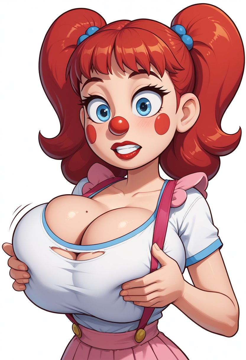 score_9, score_8_up, score_7_up, 1girl, perfecteyes, short, young, busty, petite, (Huge Breasts:1.5), (Clown girl:1.3), Pixar, Pigtails, white face paint, red nose, red lipstick, pigtails, tight shirt, suspenders, from the side, ripped shirt, cleavage, overflowing cleavage, bouncing breasts, holding down breasts, under the big top, at the circus, shocked facial expression, looking down