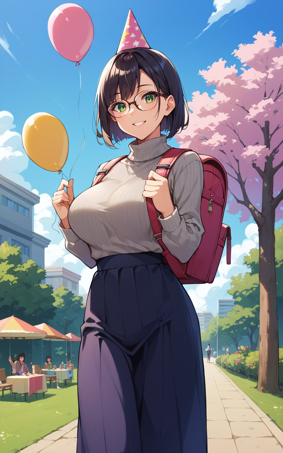 score_9,score_8_up,score_7_up, shexyo style,1girl, solo, cute bob hair, breasts, looking at viewer, bangs, glasses, nerd,large breasts, sweater, turtle neck, (grey sweater), black hair, long sleeves,  green eyes, standing,  cowboy shot, wearing backpack, pink backpack,outdoors, parted lips, sky,  pants, long skirt, black skirt, formal, campus park, tree, shirt tucked in, high-waist ,balloon, birthday party, smile, happy,birthday hat, holding balloon,score_9_up,source_anime, ((slight above view:1.2)),score_6_up, score_5_up