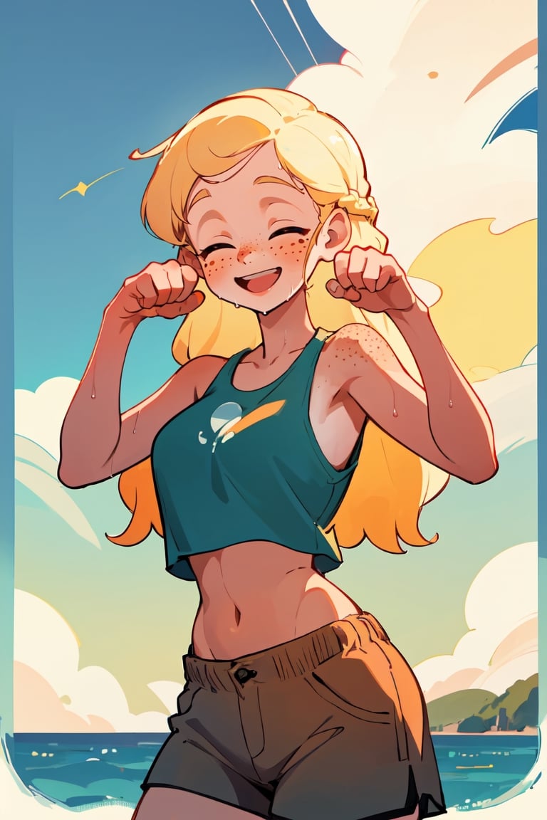 (best quality, masterpiece), 2girls, standing, upper body, blonde, long hair, braid, ocean, crop-top, shorts, wet, happy, freckles, paw pose, mountain, sun, cloud