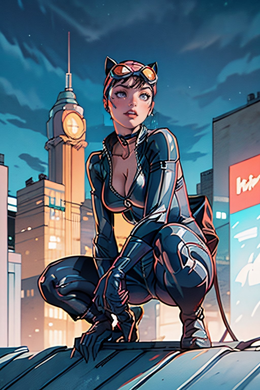 (masterpiece, best quality:1.2), catwoman, 1girl, solo, breasts, large breasts, animal ears, cleavage, choker, cat ears, bodysuit, goggles, goggles on head, outdoors, night, rooftop, squatting, from below, night sky,