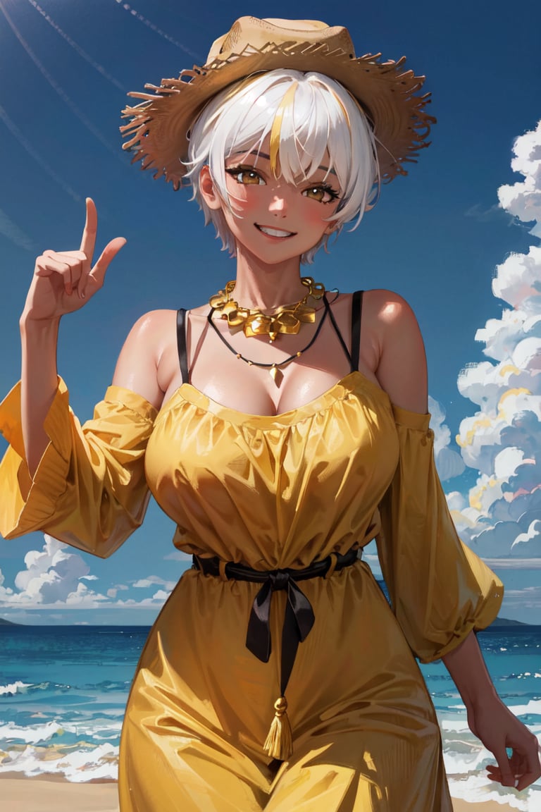 masterpiece, (realistic:1.3), photorealistic, best quality, selphie, cowboy hat, necklace, yellow dress, upper body, smile, looking at viewer 