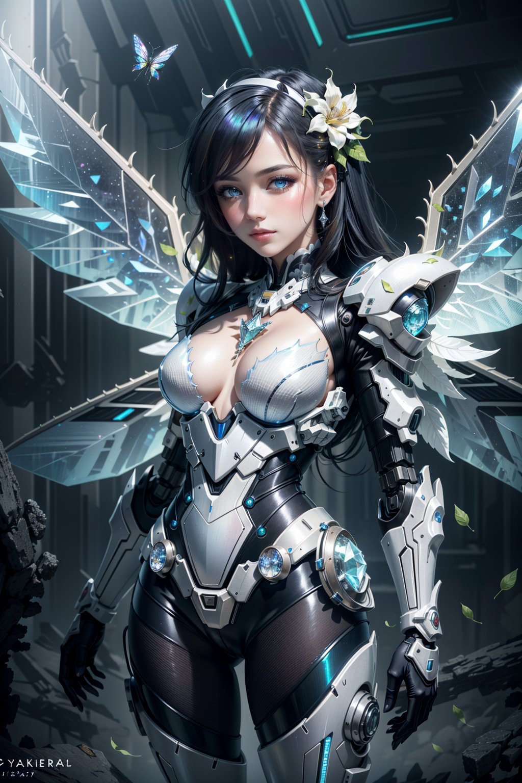 realistic, extra detailed, extra detailed anatomy, extra detailed face, detailed eyes, 1 girl, exoskeleton, victorian maid, bug girl, mantis leaf arms, petal shaped hair, iridescent hair, sparkly hair, crystal hair, flower shiny glass on the bottom, shiny crystal patterns on the skin, insect wings, crystal wings, melancholic look,cyberpunk robot,mecha musume,no_humans,halo