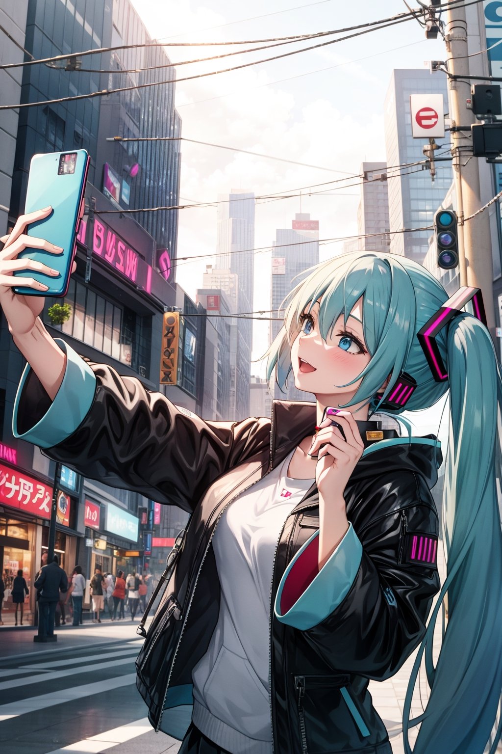 Women ,Holding a cell phone in his right hand,hatsune miku, background city