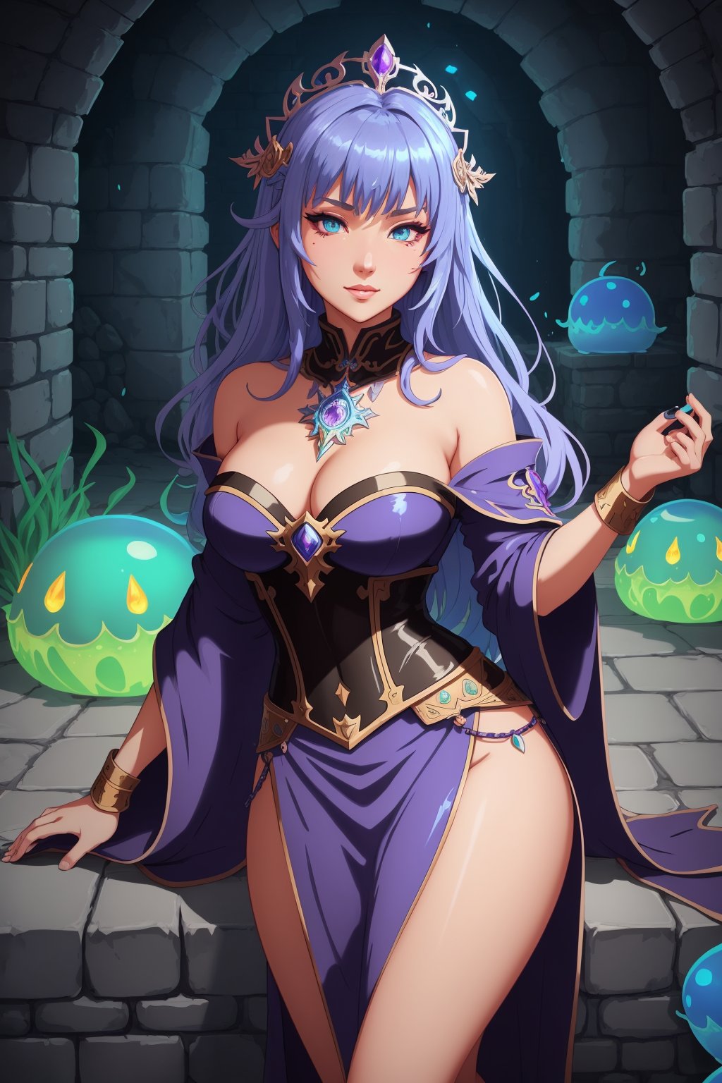 `(cel-shading style) extremely detailed illustration of a gorgeous sorceress wearing flowy robes, flattering look, (centered image) surrounded by slimes, zoomed fullbody, detailed dungeon environment, slimes, rocks and bricks, really beautiful face, ((ultra detailed face)), soft volumetric lights, cartoon, drawing, vector, impresionistic, alphonse mucha, JRPG, video games, (bold ink lines), harmonious use of color, tranquility, 32k resolution, best quality, cel shading games, earthy colors`  