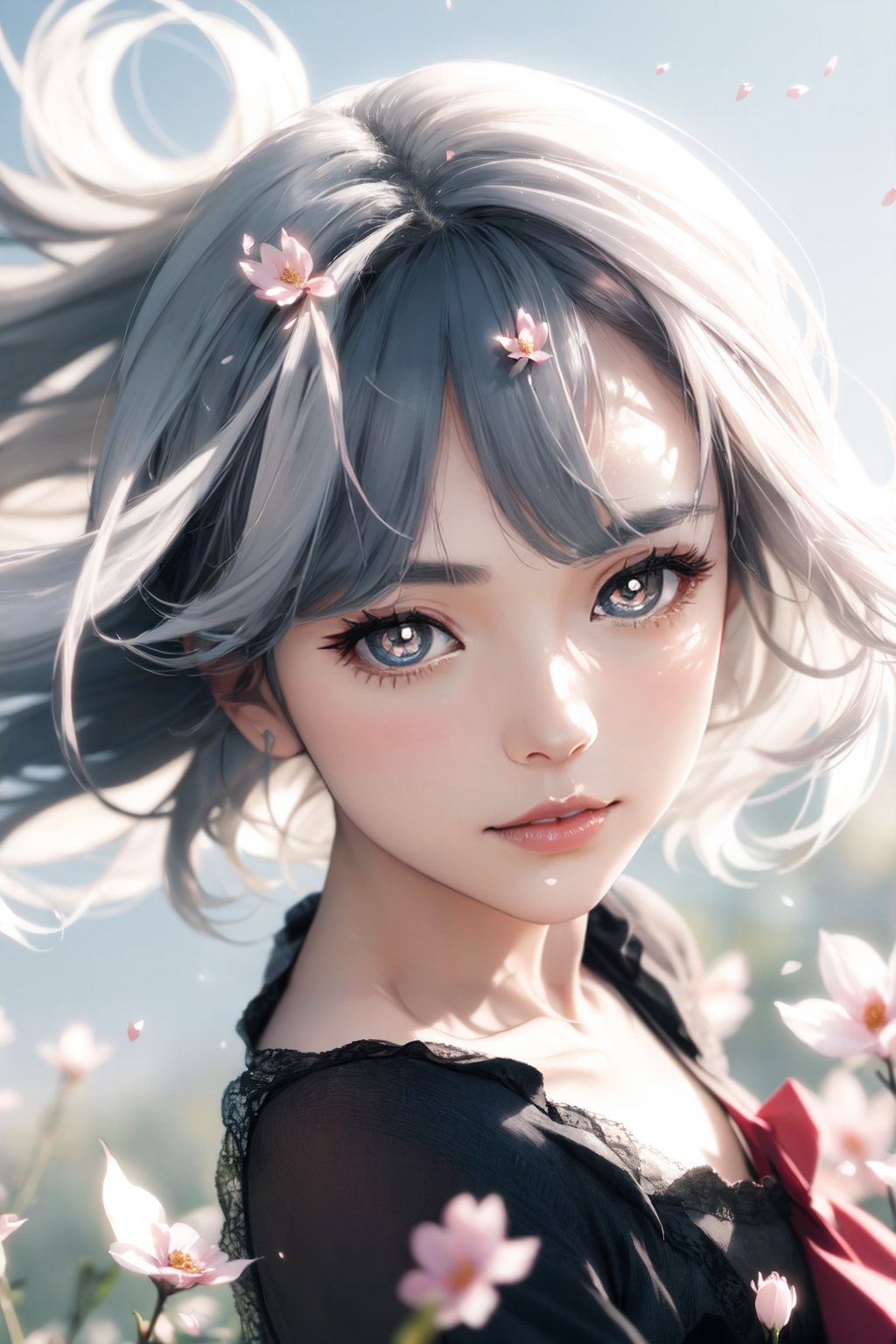 (front lighting:1.5),(masterpiece, high resolution, realistic portrait:1.3), an anime woman with an ethereal presence, portraying a serene sisterly figure, (long silver-white hair:1.2), cascading down her back, (light pink lips:1.1), gentle and calm, bangs elegantly framing her face, (gray pupils:1.4), radiating a sense of wisdom, standing in a cold wind, (realistic portrayal:1.1), delicate petals dancing in the air, (flower background:1.2), adding a touch of beauty and fragility, (calm and rational expression:1.1), portraying her composed nature, (delicate and serene face:1.2), capturing her tranquility, mid-shot focusing on her delicate features, (subtle wind-blown strands of hair:1.1), (background music:1.2), evoking a sense of calmness and introspection..Spotlights, Volumetric lighting, soft lighting,hard lighting ,front lighting sun ,(view sun)