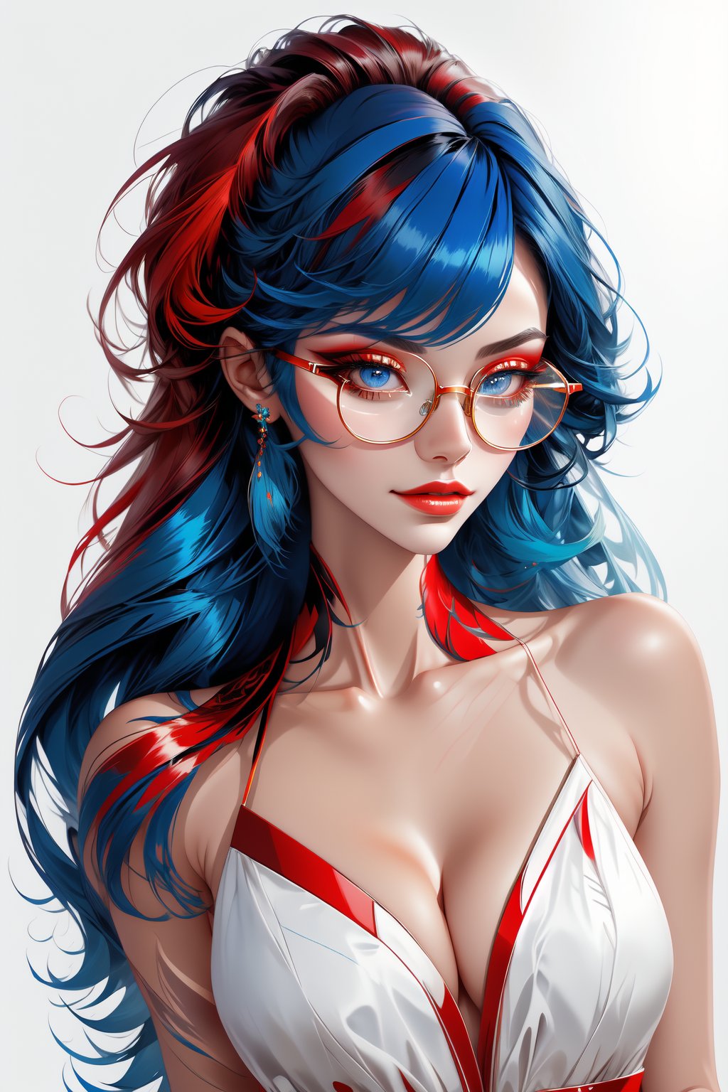 "Imagine a striking sketch of a woman with long hair styled in shades of blue, red, and white. Her vibrant blue hair flows elegantly, interspersed with bold streaks of red and white that cascade down her shoulders. She wears stylish glasses that frame her face, accentuating her intelligent and composed expression. The colors of her hair symbolize a blend of creativity, strength, and individuality, echoing her confident demeanor. Capture the harmonious balance between her distinctive hairstyle and the sophisticated allure of her eyewear, portraying a modern and empowered woman embracing her unique style."