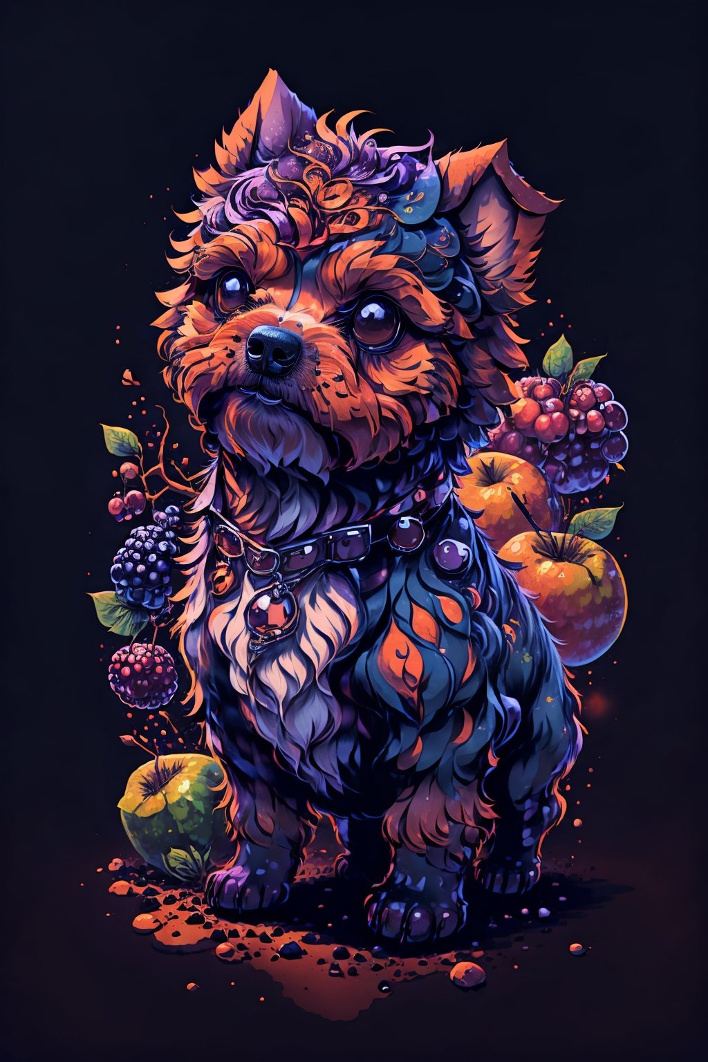 cute00d, tempera (medium), Yorkie Bichon, fruit background, ,tshee00d, vector art,fantasy00d