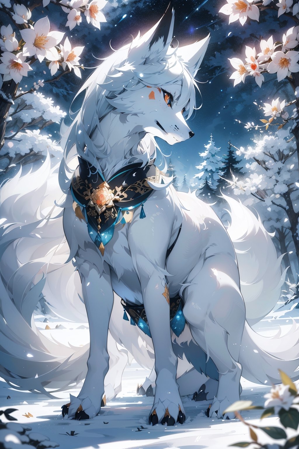 breathtaking, masterpiece, nine-tailed white fox, japanese art style, , majestic, bokeh, ink, art, no_human, complex background, beautiful tails,
n a serene and enchanted forest, a mesmerizing sight awaits those fortunate enough to catch a glimpse - a breathtaking white fox with a lustrous coat that gleams like freshly fallen snow under the gentle moonlight. Gracefully moving through the undergrowth, its elegant form captures the essence of ethereal beauty. But what truly sets this wondrous creature apart is its extraordinary nine tails, each one adorned with intricate patterns that seem to tell ancient tales of mythical wonders. With every swish of those magnificent tails, an enchanting aura of magic surrounds the fox, captivating all who behold its splendor. As the embodiment of purity and allure, the white fox with its resplendent nine tails is a living testament to the wonders of nature's creativity and brilliance.