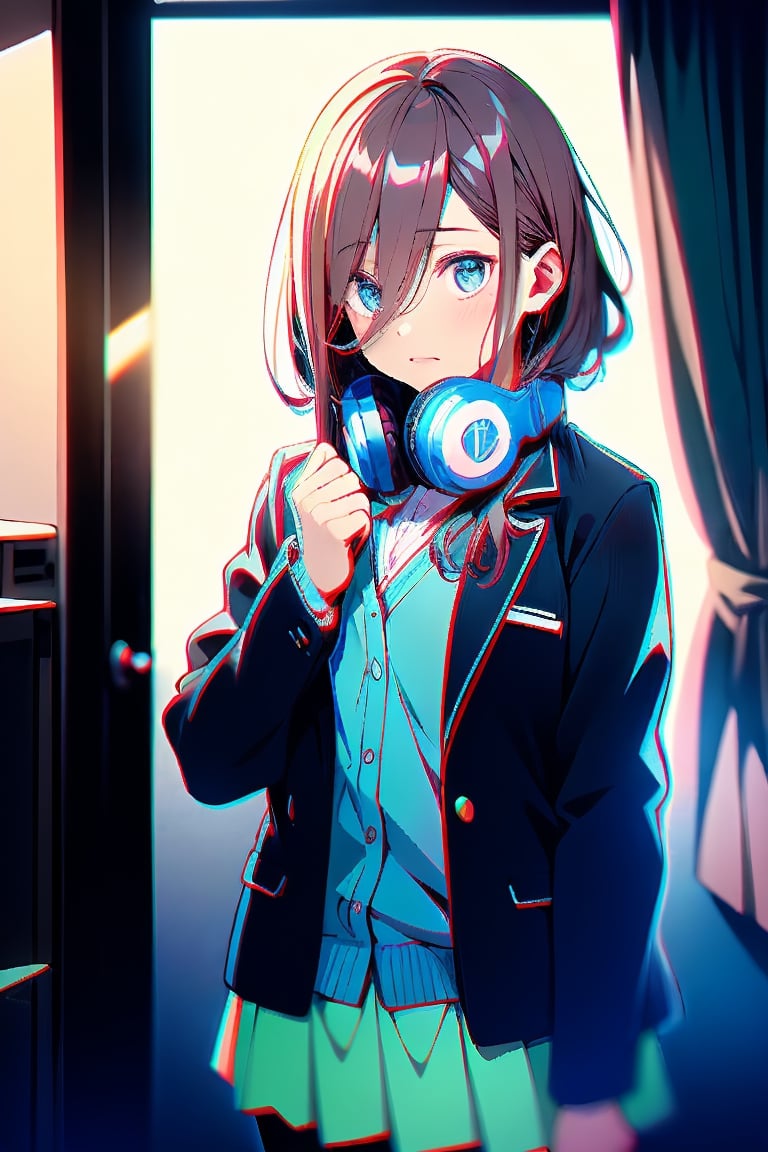 ,`detailed cg, anime picture, shiny hair and skin, chromatic aberration, transparent background, depth of field, colorful ,cinematic light, soft lighting, glowing skin, lighting`,(school uniform + jacket)

nm1, headphones around neck, school uniform, long sleeves, blue cardigan, green skirt, pantyhose, black jacket, open jacket,jack,nm1

