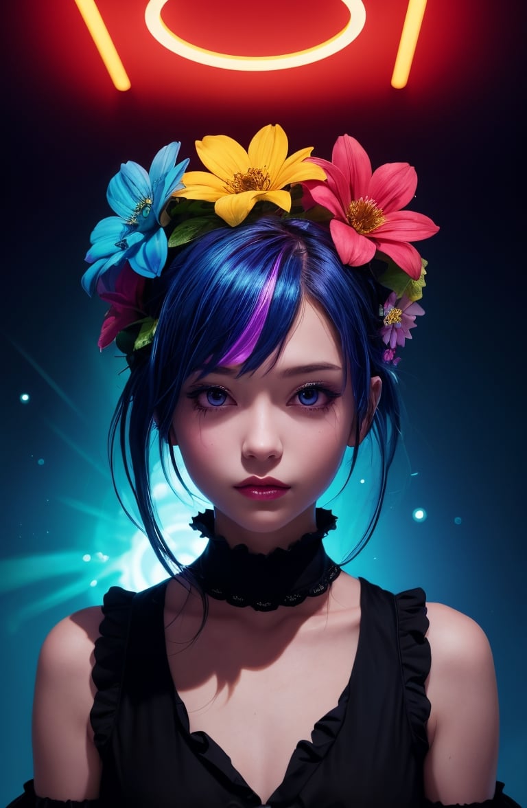 masterpiece, centered, a drawing of a girl with flowers in her hair, an anime drawing, featured on pixiv, gothic art, neon blacklight color scheme, multicolored art, shiny colors, beautiful female android, blue image, antialiased, living flora, colorful! character design