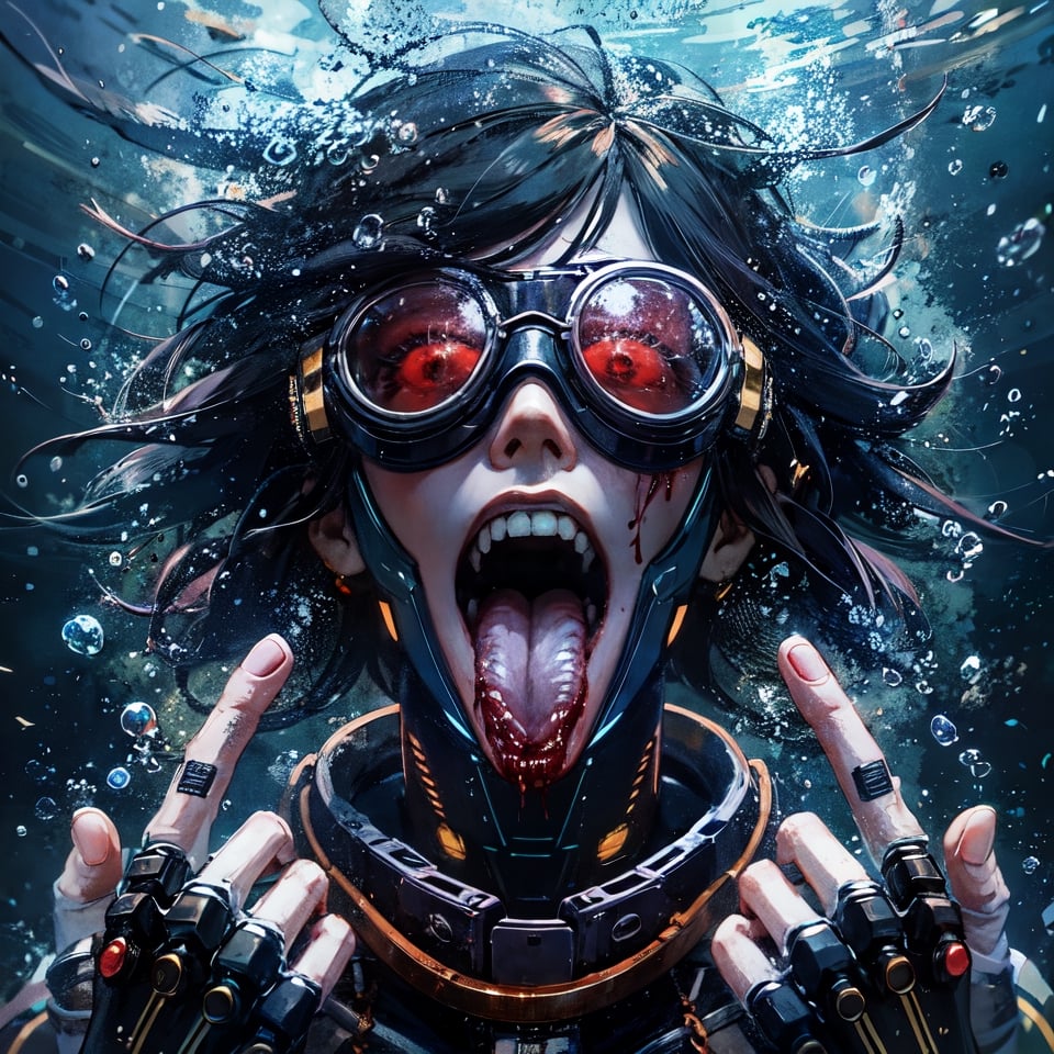 (super detailed), (beautiful background, detailed background),create it in a style ultrarealistic IMAX, Cinematic 24k, UHD-HDR 3D render, solo, 1girl, black hair, open mouth, realistic, 1boy, underwater, male focus, goggles, tongue, teeth, air bubble, looking at viewer, bubble, gloves, water, helmet, blood, traditional media, science fiction, abstract, long hair, short hair, shirt, tongue out, robot, upper body, painting \(medium\)