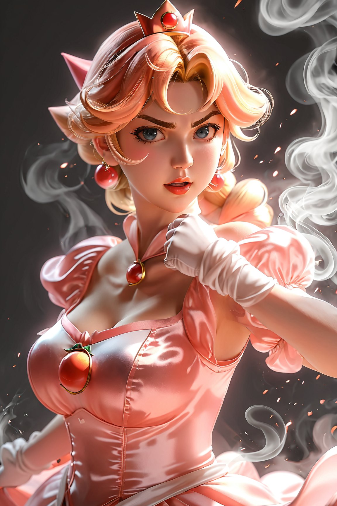 Anime style ,3d,Close Up Portrait, Simple color Palette, Hd, very Detailed, awesome Quality, reflecting, luminescent, translucent, Ethereal, Aura, princess Peach, angry Peach_SMP, light pink revealing clothes, White smoke, light beams through smoke, Bruce Lees iconic posing fighting frame, fists up, underboob senketsu2,