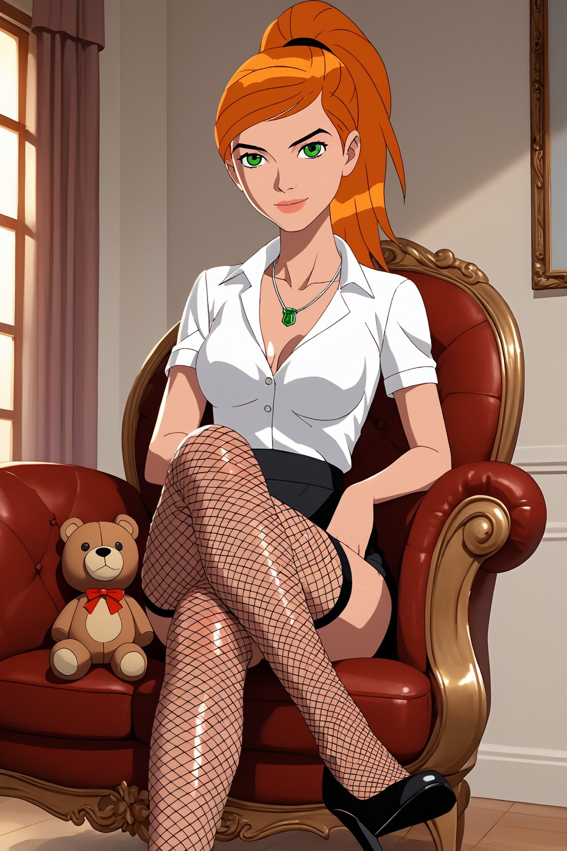 score_9, score_8_up, score_7_up, source_anime,jkj,1girl,Gwenalienforce,green eyes, solo,ponytail hairstyle, orange hair,Black eyebrows, toothy smile 
break 
Shiny skin, glossy skin, detailed skin, shiny, glossy hair, cowboy photo, day
break
A young woman is sitting in a brown leather armchair, wearing fishnet stockings and high heels. She wears a necklace of a green cross in her right hand and a teddy bear in her left. The teddy bear is placed behind her, suggesting a sense of companionship. The scene is on a background that is a room with a bed barely visible also bookcases and a large window that shows a beautiful sky.