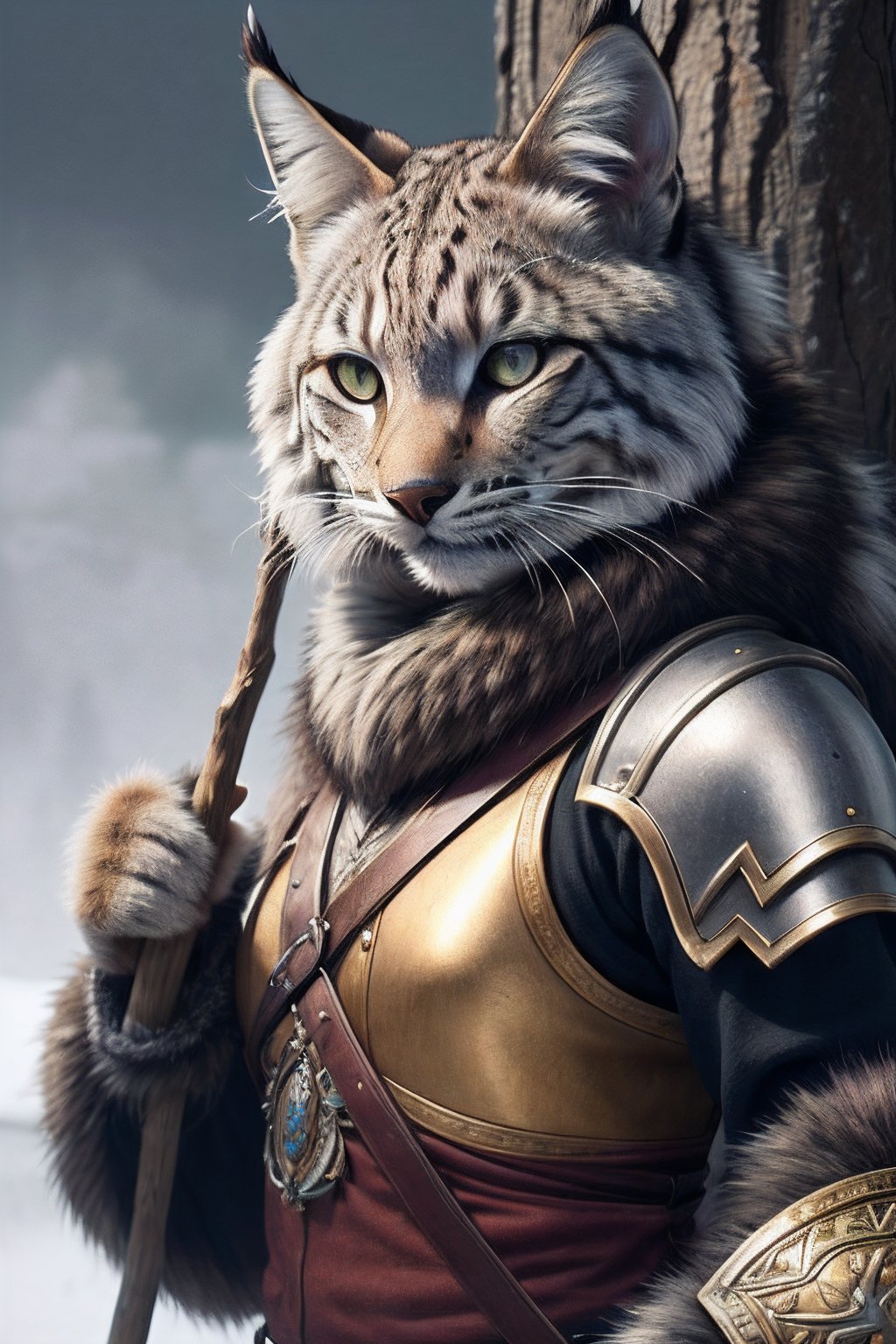 Shaman tabaxi female tan spotted fur tabaxi lynx, thin build, wearing intricate mail armor, holding a gnarled staff adorned with mushrooms and bone, realistic render, Dungeons and Dragons, Fantasy, octane render, zbrush. Character design, photorealistic, unreal engine, hyper-detailed, concept art, trending on art station. ((best quality)), ((masterpiece)), ((realistic)), (detailed), close up portrait, full body portrait, , highly detailed fur, looking at the viewer, Fantasy art, stunning gradient colors, no watermark signature, closed mouth, detailed background, snowy background, closed mouth, insanely detailed, ((masterpiece)), absurdres, HDR.