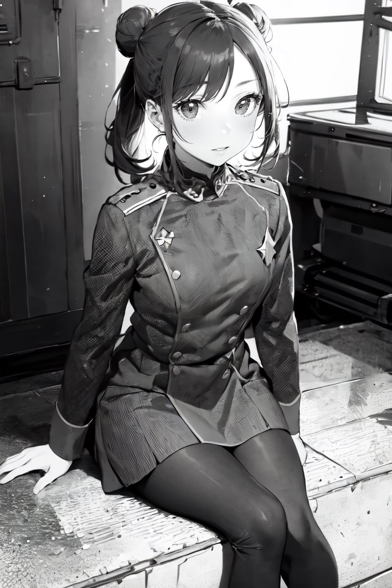 (super detailed), (beautiful background, detailed background),1girl, Bun Hair ,small breasts, monochrome, greyscale, female focus, (military general uniform), sitting, war,manly,holding , light ,WW, aviation ,Uniform