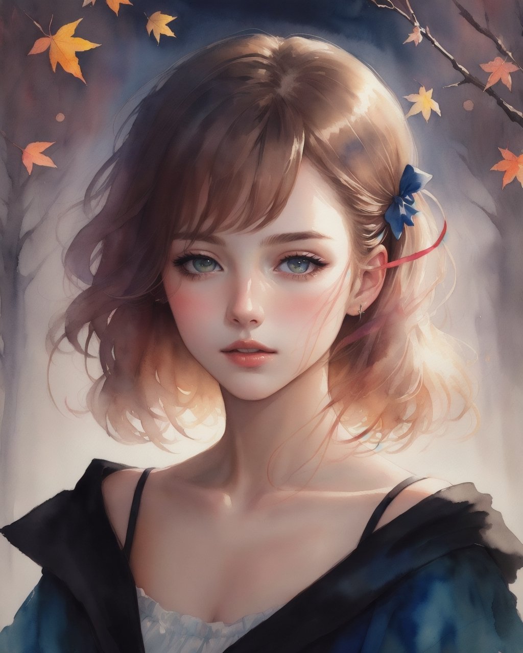 (8k, best quality, masterpiece:1.2),(best quality:1.0), (ultra highres:1.0), watercolor, a beautiful woman, shoulder, hair ribbons, by agnes cecile, half body portrait, extremely luminous bright design, pastel colors, (ink:1.3), autumn lights