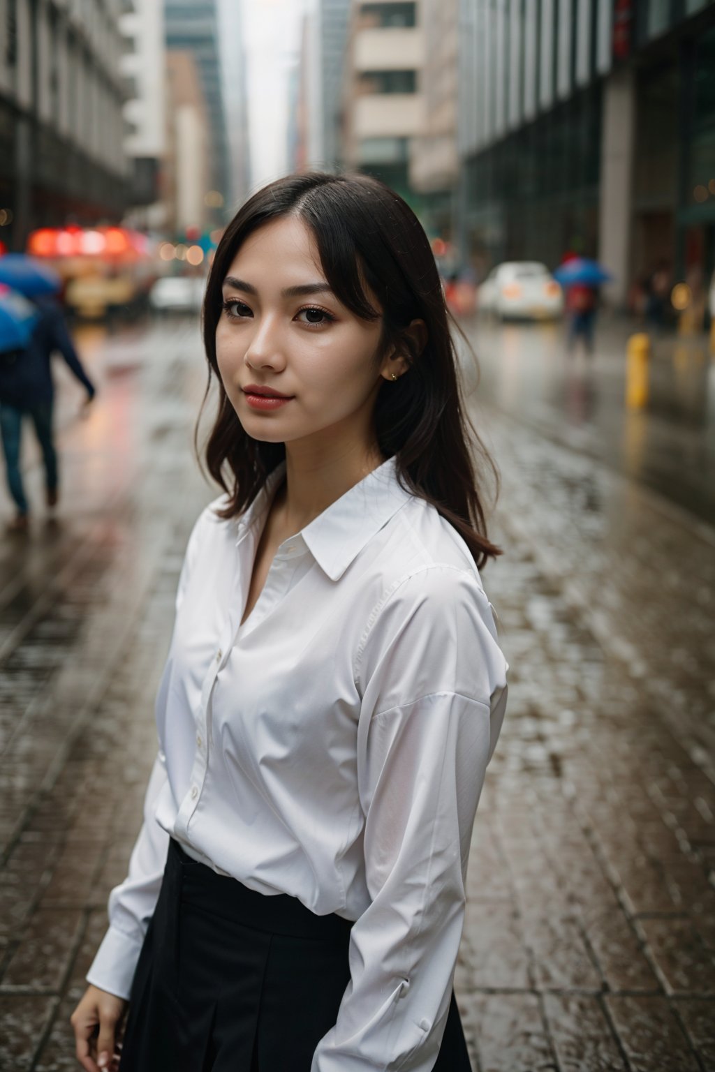 crowd, hastily,direction, step, rainy weather,Documentary, 8k uhd, high quality, film grain, Fujifilm XT3, (Bokeh:1.3), Overhead Shot, (1girl Look at viewer:1.2), white shirt