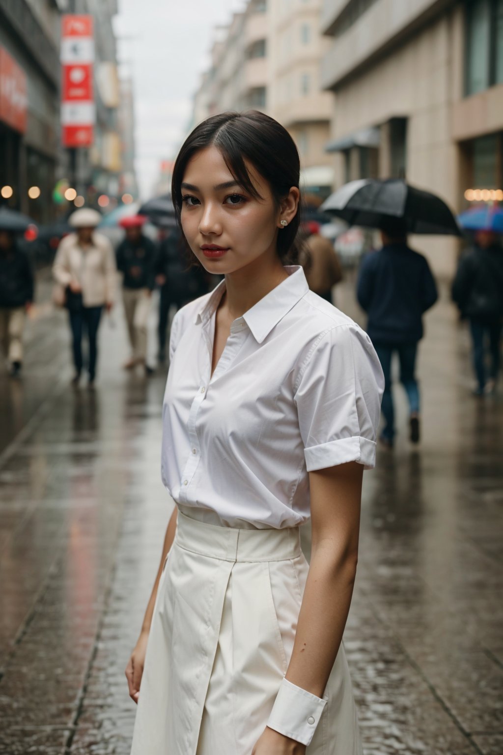 crowd, hastily,direction, step, rainy weather,Documentary, 8k uhd, high quality, film grain, Fujifilm XT3, (Bokeh:1.3), Overhead Shot, (1girl Look at viewer:1.2), white shirt