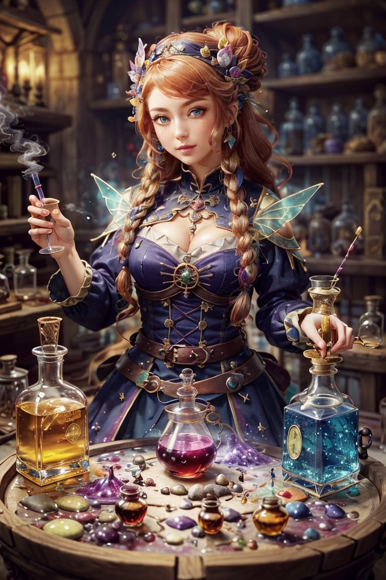 (masterpiece,best quality:1.2),Extremely detailed really cute young ginger woman potion mistress, magic, lots of colorful potions, glowy smoke, tetradic colors, bubly, detailed alchemist room, jrpg, cartoonish vector, volumetric lights, very detailed potions and alchemy laboratory scenery, colorful, dynamic, visually rich, whimsical, fairy tale,More Detail