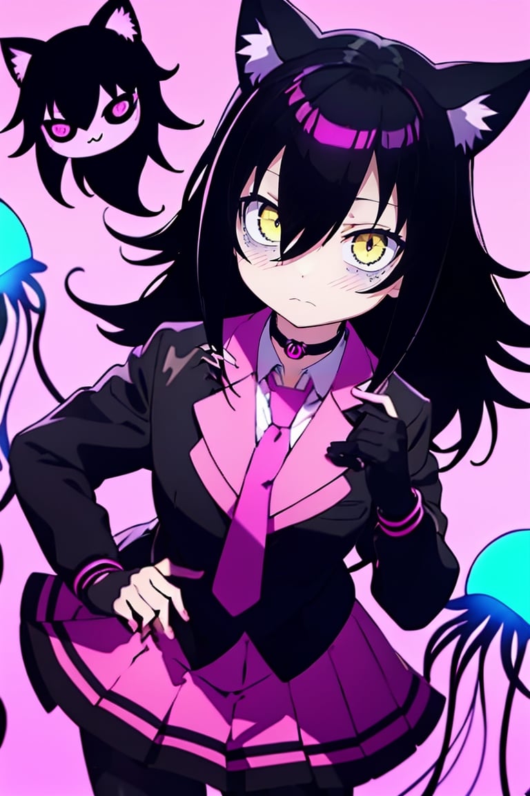 black gloves, (neon pink jellyfish background), fox mask, choker,hair over in one eye,tomoko, hair over one eye, bags under eyes,black hair, school uniform, black pantyhose, red necktie, yellow skirt, pleated skirt,yellow jacket