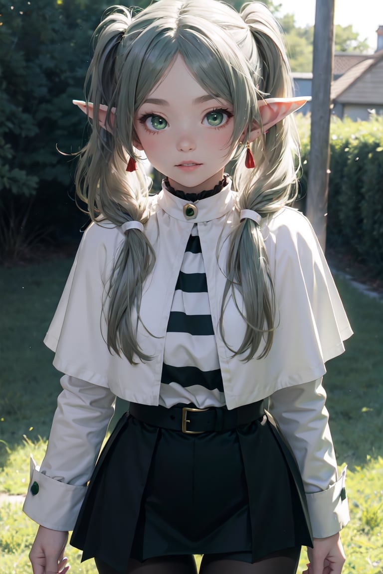 young girl,  frieren, long hair, twintails, (green eyes:1.5), grey hair, pointy ears, elf,shirt, long sleeves, jewelry, pantyhose, earrings, striped, black pantyhose, capelet, striped shirt,AgoonGirl,frieren,photorealistic