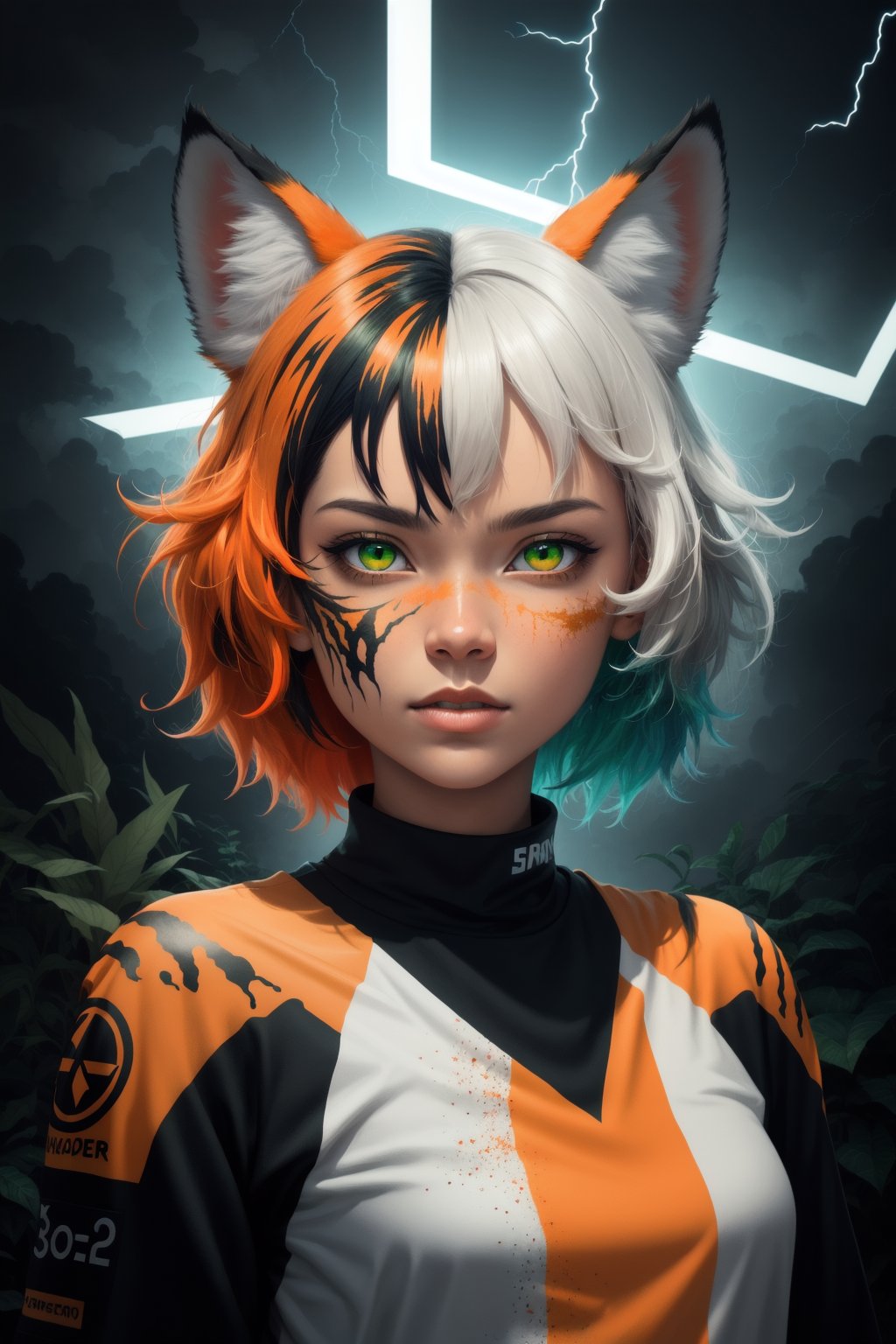 (masterpiece:1.1), (highest quality:1.1), (HDR:1.0), extreme quality, cg, (negative space), detailed face+eyes, 1girl, fox ears, animal ear fluff, (plants:1.18), (fractal art), (bright colors), splashes of color background, colors mashing, paint splatter, complimentary colors, neon, (thunder tiger), compassionate, electric, limited palette, synthwave, fine art, tan skin, upper body, (green and orange:1.2), time stop, sy3, SMM,dfdd,lofi,2d_animated