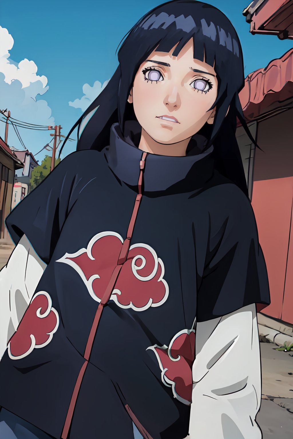 Ultra detailed illustration ,(ultra detailed face), bright colors, high saturation, (flat colors),screencap,akatsuki,outfit,Color Booster,Hinata,akatsuki outfit,ChopioHinata,hinata(shippuden), background sky 