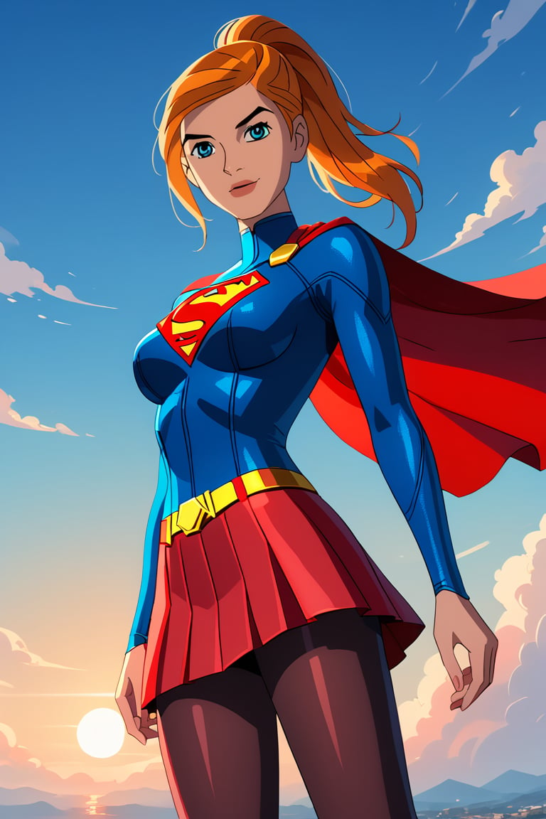 score_9, score_8_up, score_7_up, source_anime ,jkj,1girl,Gwenalienforce,(green eyes:1.5), solo, ponytail , (orange hair),Black eyebrows,toothy smile,rating_questionable 
break
Shiny skin, glossy skin, detailed skin, shiny, glossy hair, day.
Break 
supergirl, cape, skirt, pantyhose, superhero, solo, sun, blue sky, best quality, (intricate detail:1.2), (delicate detail), (cinematic light), clear line, sharp focus,m, detailed face, unity 8k background, ultra high res, looking at viewer ,, red skirt, sky and clouds background, red cape,intricate_details_xl