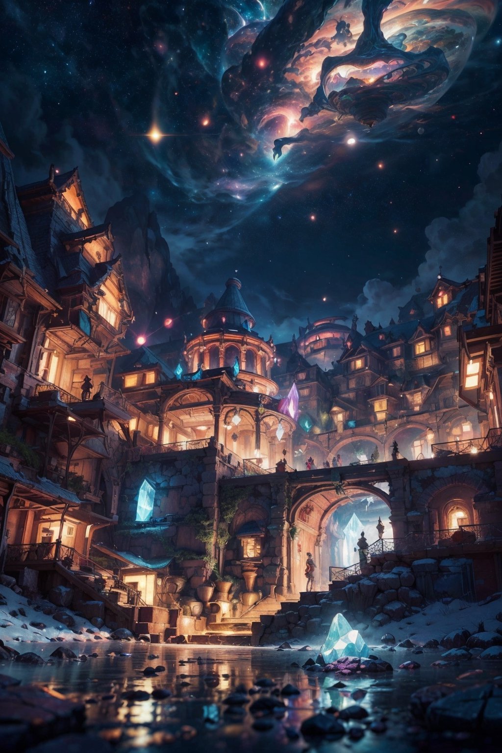 `extremely detailed illustration of a cosmic deity, detailed cosmos background, backlit, highly illuminated, colorful crystal, floating hair, closeup, visually rich, manga, whimsical, JRPG, enchanting, emotionally evocative, detailed environment, fantastical, imaginative, visually rich, atmospheric, zoomed, flat lighting, 2d, cartoon, vector, rocks,