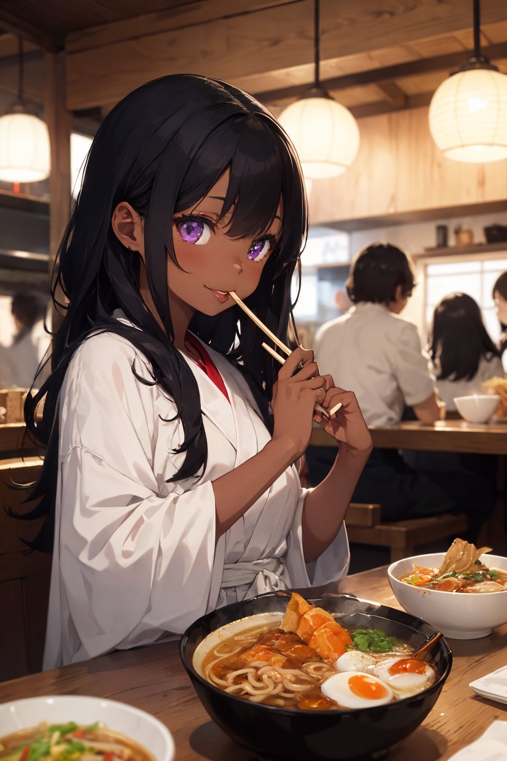 Masterpiece, best quality, official art, artstation, Best artist, 1girl, black girl, african american, dark skinned,
Soft lantern lighting, extremely detailed, long wavy hair, ((black hair)), purple eyes, big lips, vixen eyes, mouth full, happy, shy, at ramen shop, chopsticks, ramen, pov sitting across table, robe