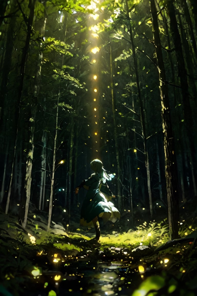 (medium shot),(head view),A woman in a flowing dress stands in the center, surrounded by bright green lights that look like fireflies or magic particles.
The setting is a dense forest with tall trees whose branches and leaves are lost in the darkness.
Beams of blue light penetrate through the spaces between the trees, adding to the mystical atmosphere.
On the ground are visible rocks and what appears to be water reflecting green light.
The color palette is dominated by intense greens and deep blues, with touches of white to highlight the lights.,Anime 