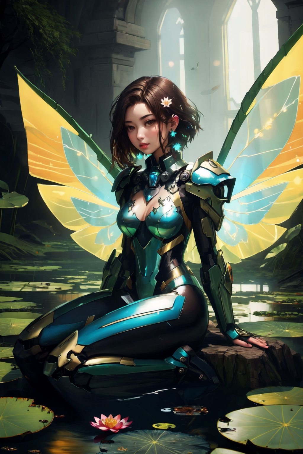 (master piece, best quality:1.2),1 woman, solo, short hair, brown hair, black hair, brown eyes, jewelry, sitting, closed mouth, flower, earrings, wings, artist name, water, armor, lips, bodysuit, glowing, looking away, nose, fairy wings, mechanical wings, lily pad, lotus, spread wings,mecha musume,fantchar