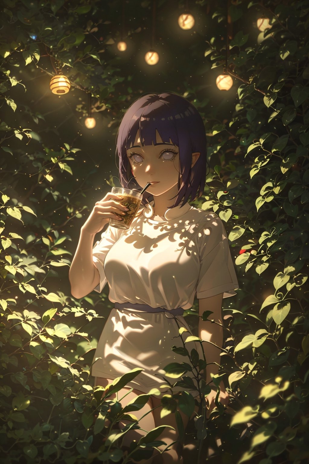 Masterpiece, best quality, (very detailed CG unified 8k wallpaper), (best quality), (best illustration), (best shadow), glowing elf with a glowing deer, drinking water in the pool, natural elements in forest theme. Mysterious forest, beautiful forest, nature, surrounded by flowers, delicate leaves and branches surrounded by fireflies (natural elements), (jungle theme), (leaves), (branches), (fireflies), (particle effects) and other 3D, Octane rendering, ray tracing, super detailed --v6, deer, 
hinata_boruto, 1girl,short hair, solo, purple hair, bob cut, bangs, blunt bangs, looking at viewer, large breasts,hinata_boruto