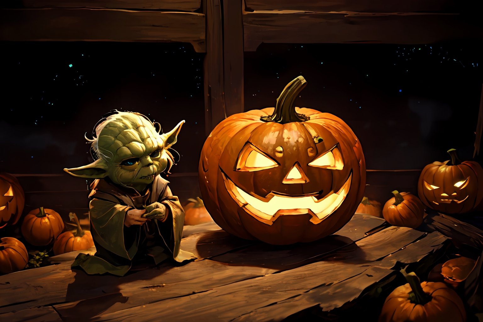 masterpiece, best quality, highly detailed background, perfect lightingbest quality (your message), space, goblin,(star wars) ,High detailed ,More Detail,SateleShan,ShinHait,star wars,yoda,Jack o 'Lantern