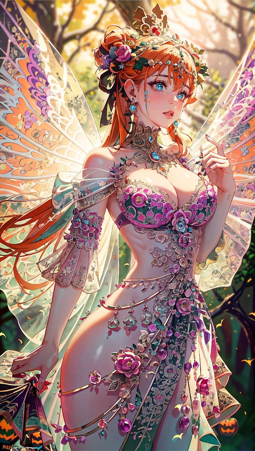 (Fairy),((Full body:1.5)),contrapposto,(Masterpiece,high definition, best quality, superior quality, intricate details, beautiful aesthetic:1.2),high quality, 8k, raw, ultra details, extremely detailed and beautiful,{Red dress}:1.5), female, {turquoise blue eye color},{crystal clear eyes},{orange hair color}, {pink lips},{background forest Magic}
,(masterpiece, best quality:1.2),ornaments
,Halloween,halloween pumpkin,cobweb, spiders, skull candles Halloween