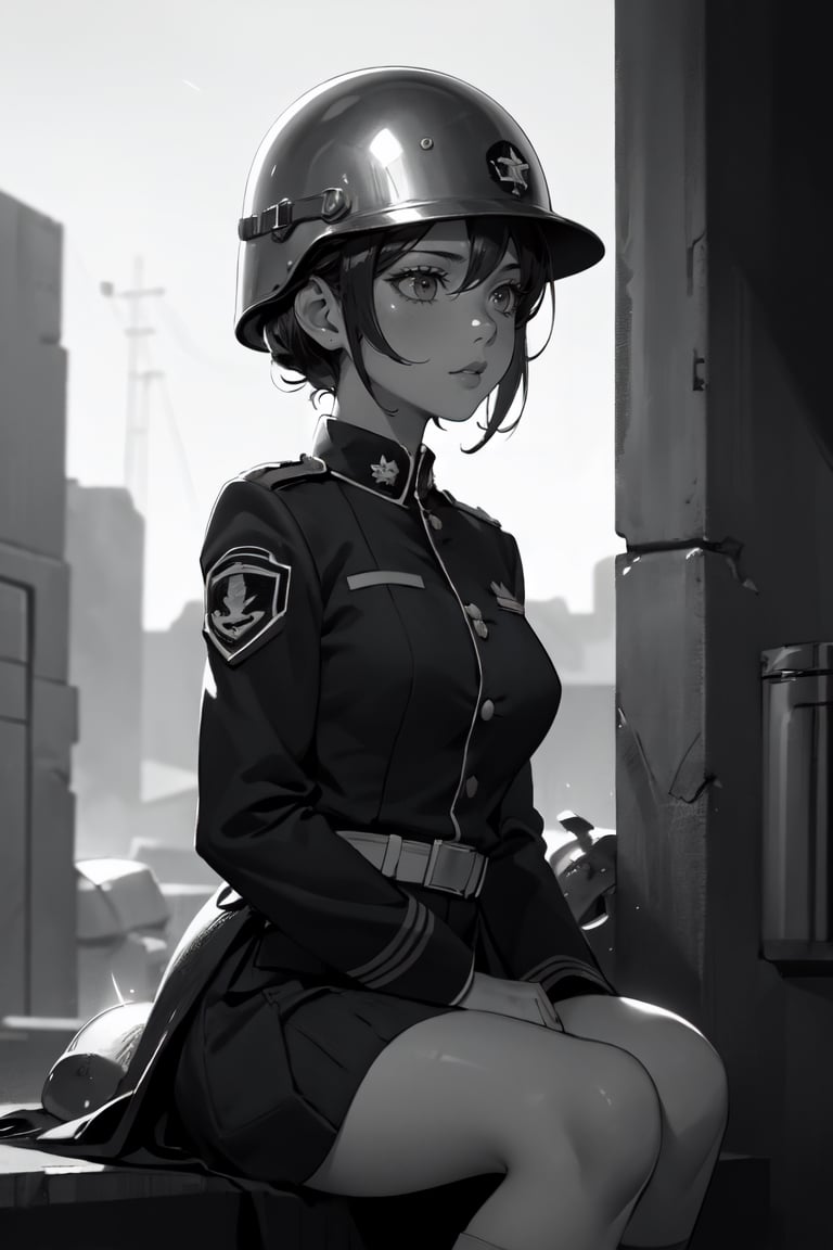 (super detailed), (beautiful background, detailed background),1girl, breasts, monochrome, greyscale, soldier, uniform, helmet, military, female focus, military uniform, sitting, war,manly,holding , light 