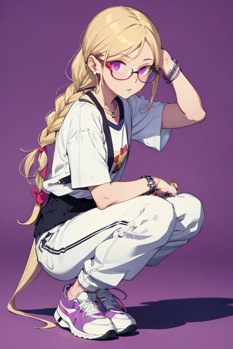 Masterpiece,best quality, ultra detail,jewelry, purple background, ring, braid, shoes, 1girl, squatting, shirt, solo, wristwatch, watch, furry, tail, sneakers, long hair, simple background, sunglasses, twin braids,socks, necklace, full body, short sleeves, yellow-framed eyewear, fingernails, red shirt, whiskers, glasses, white footwear, pants, earrings, piercing, furry female, bracelet, looking at viewer, shadow