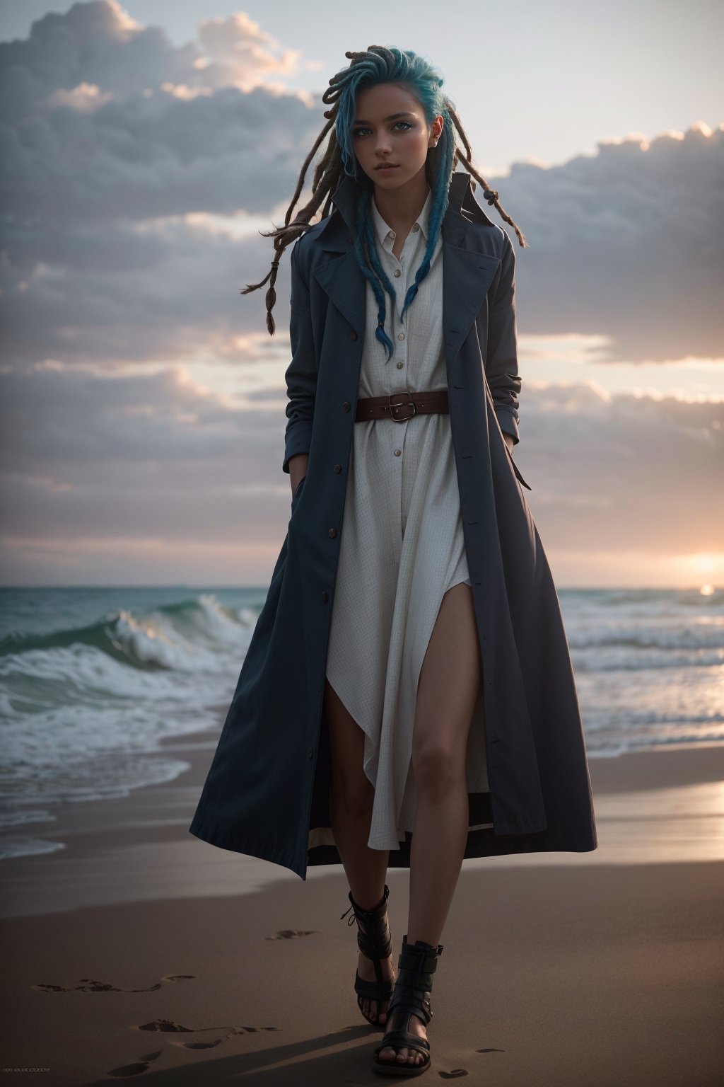 a woman with blue hair and dreadlocks standing on a beach , cgsociety, antipodeans movie still, reimagined by industrial light and magic