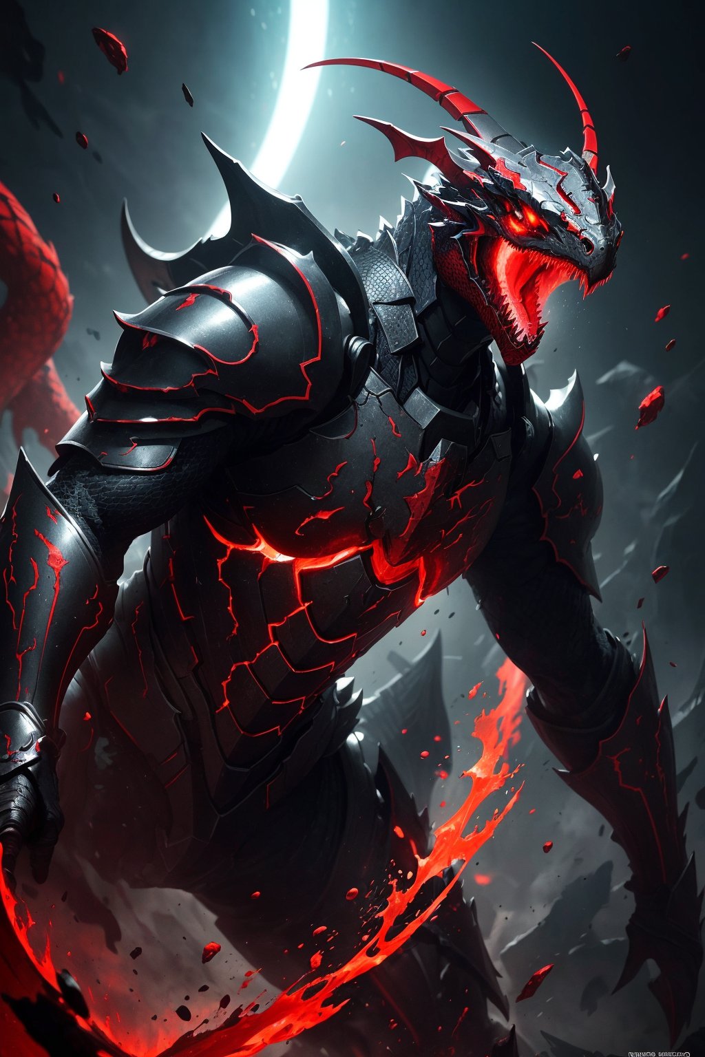 (masterpiece, top quality, best quality, official art, beautiful and aesthetic), 1king cobra, fully armored, blood magic, draconic armor, red and black color scheme, glowing eyes, god, king, red eyes, epic,halo, (dynamic angle), abyssal, splash art, highest definition, dark background, gradient background