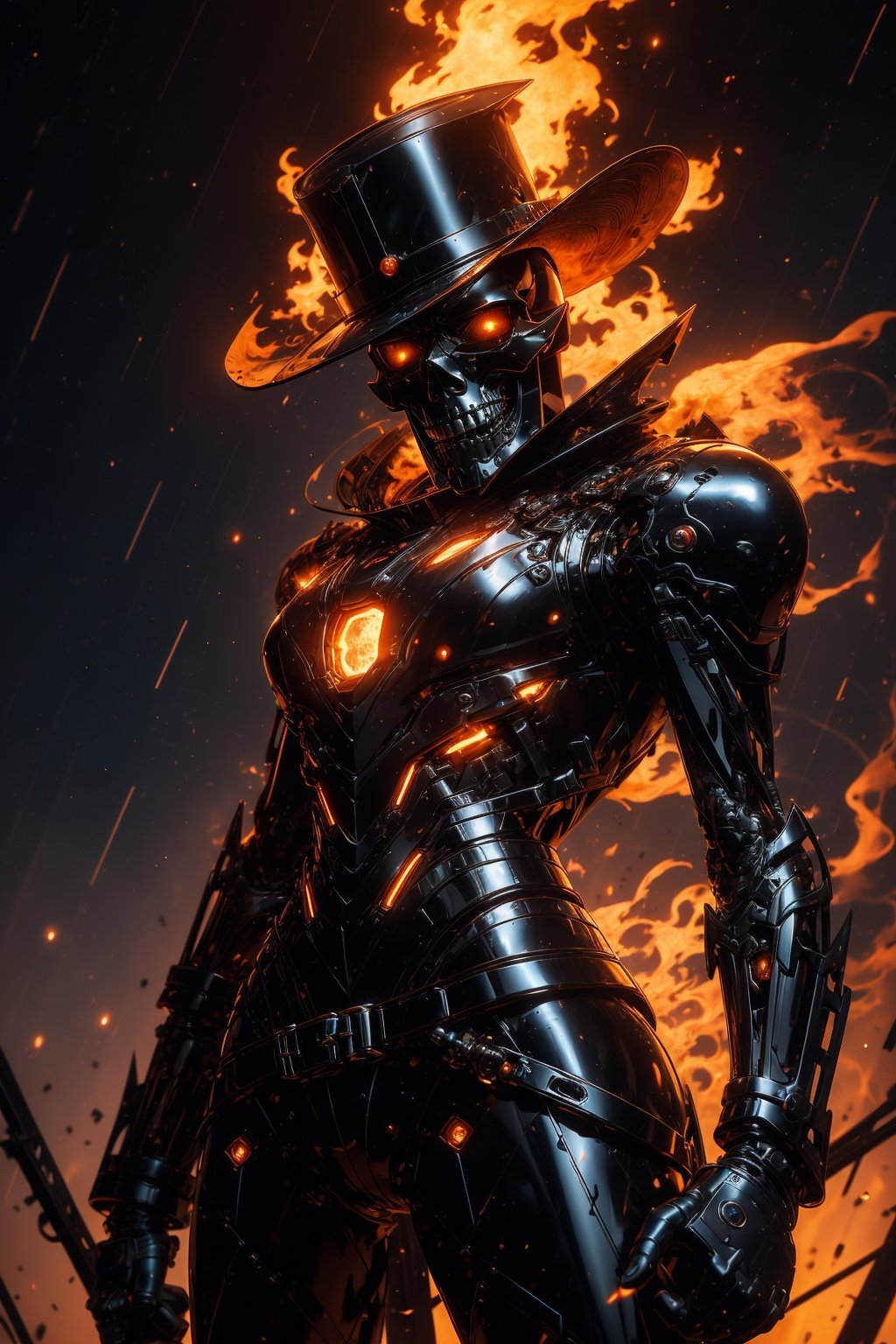 one woman, ((evil skull head with sharp teeth)), fire-around, rocks, ruins, red-eyes, eyes-glowing, top hat, rain-fire, fire around her, epic anime art, thin waist, beautiful figure, wide hips, sexy, teen, belts, holster, crop top, (best quality, ultra quality), detailed face, detailed eyes, cute eyes, perfect lighting, HD, 8k, glossy skin, masterpiece, digital art, intricate details, highly detailed, volumetric lighting, background detiled, ue5, unreal engine 5, artstation, trending on artstation, post processing, line art, tiny details, colorful detailed illustration, outer_space 1960s, cinematic, multiple light sources, sunset,r1ge,Mecha warrior
