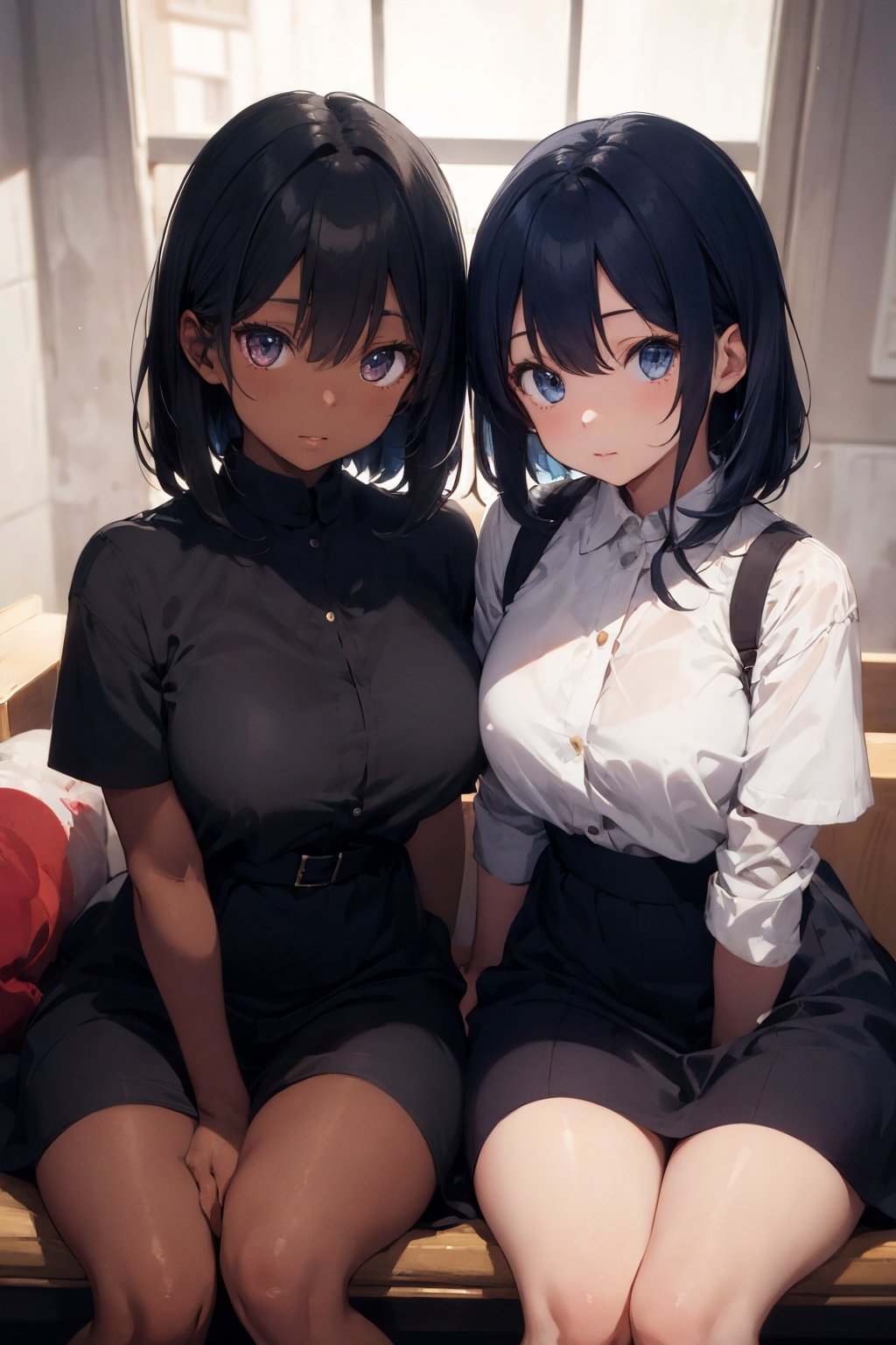 Masterpiece, best quality, official art, artistation, Best artist, 2girls, posing for photos, blank background, black girls, african american, dark skinned, asian girl, view down blouse
Soft lighting, extremely detailed, ,multiple girls, (short blue hair and long black hair), dresses