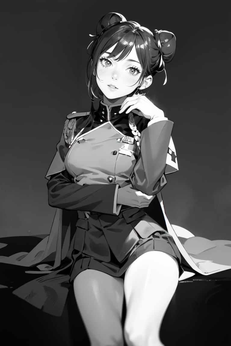 (super detailed), (beautiful background, detailed background),1girl, Bun Hair ,small breasts, monochrome, greyscale, soldier, uniform,military, female focus, military uniform, sitting, war,manly,holding , light 