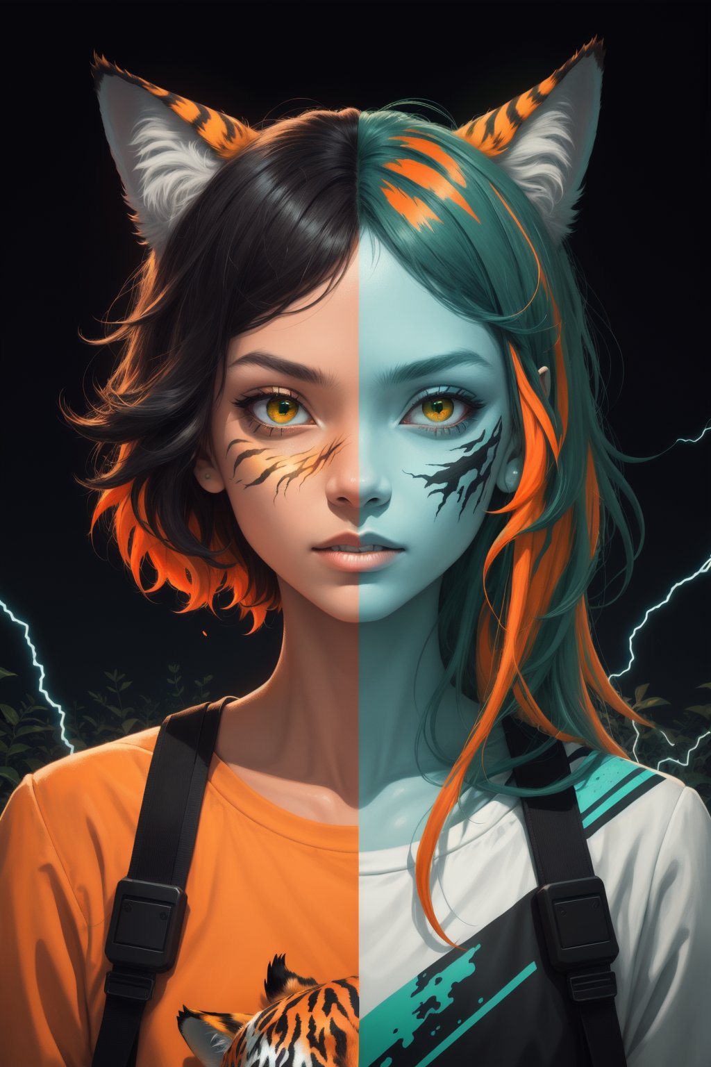 (masterpiece:1.1), (highest quality:1.1), (HDR:1.0), extreme quality, cg, (negative space), detailed face+eyes, 1girl, fox ears, animal ear fluff, (plants:1.18), (fractal art), (bright colors), splashes of color background, colors mashing, paint splatter, complimentary colors, neon, (thunder tiger), compassionate, electric, limited palette, synthwave, fine art, tan skin, upper body, (green and orange:1.2), time stop, sy3, SMM,dfdd,lofi,2d_animated